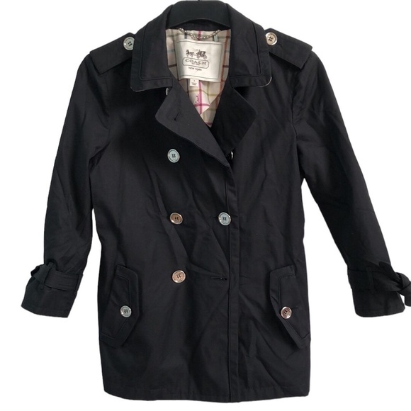 Coach Double Breasted Short Length Black Belted Trench Coat Jacket Small - Picture 8 of 15